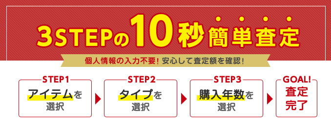 3STEPの１０秒簡単査定 個人情報の入力不要！安心して査定額を確認！